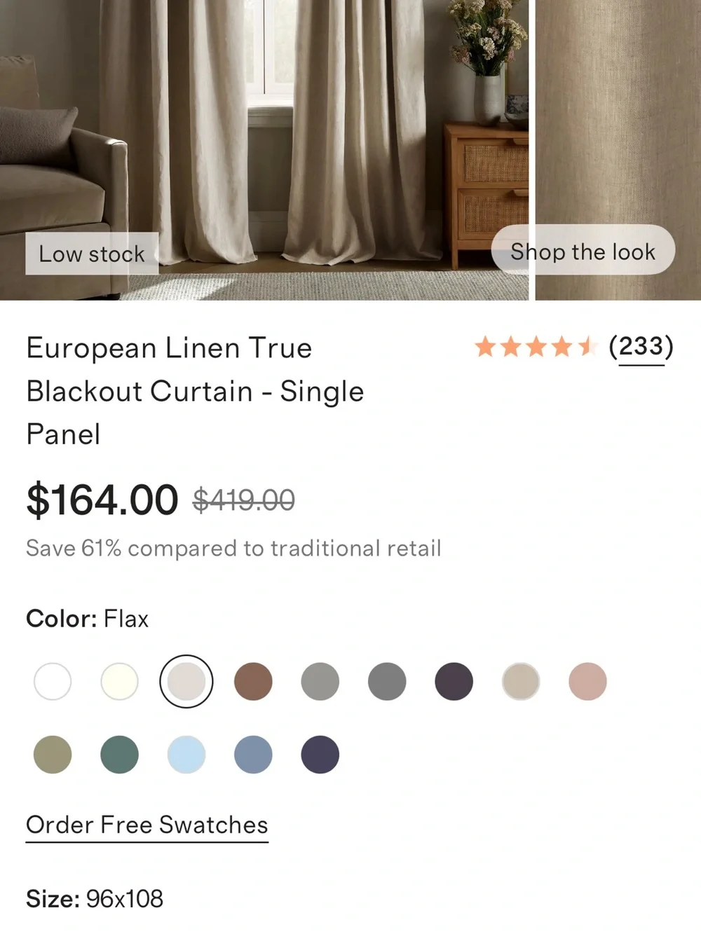 NWOT Flax European Linen True Blackout Curtain 96x108 - Retail $164